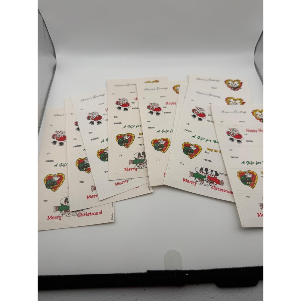 Vintage Christmas Gift Tag Sticker Sheets Santa Puppies Holiday Labels 7 Sheets